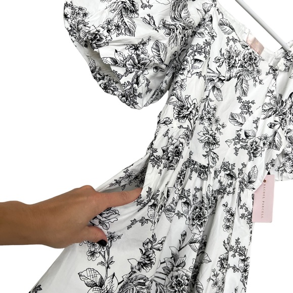 New RACHEL PARCELL Floral Poplin Fit & Flare Minidress Black White Sz 6 - Picture 7 of 15